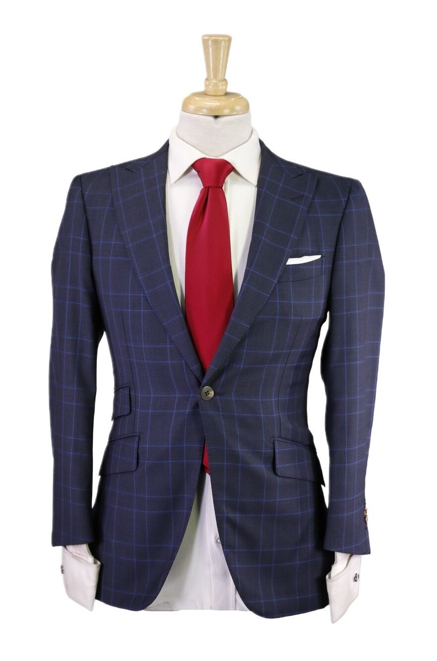 Paul Stuart Gray Royal Blue Plaid Check Peak Lapel 1-Btn Wool Suit 36S